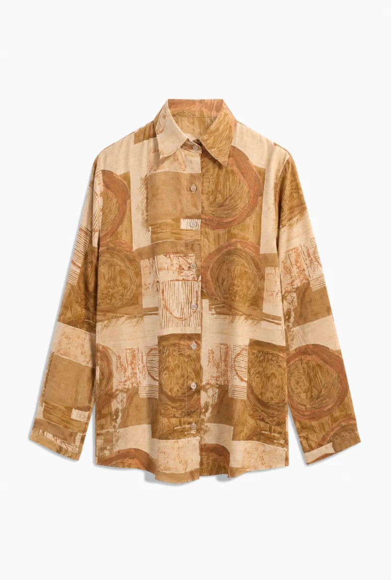 Beige Brown Abstract Print Shirt For Women
