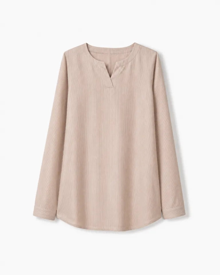 Beige Stripe Notch Neck Long Sleeve Top For Women