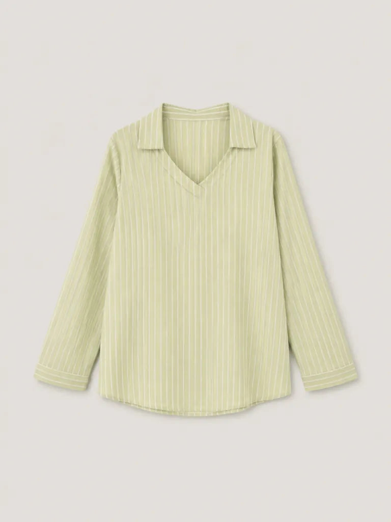 Green Stripe Collar V Neck Long Sleeve Top For Women