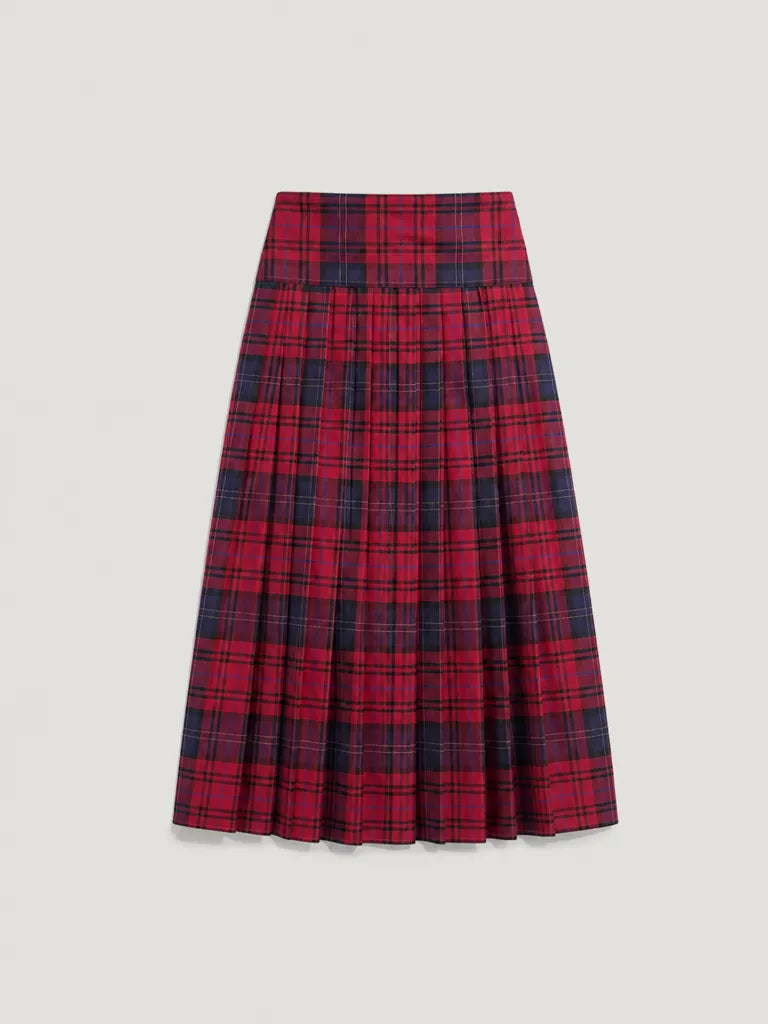 Long Scottish Red Pleated Skirt With Hooks for Women