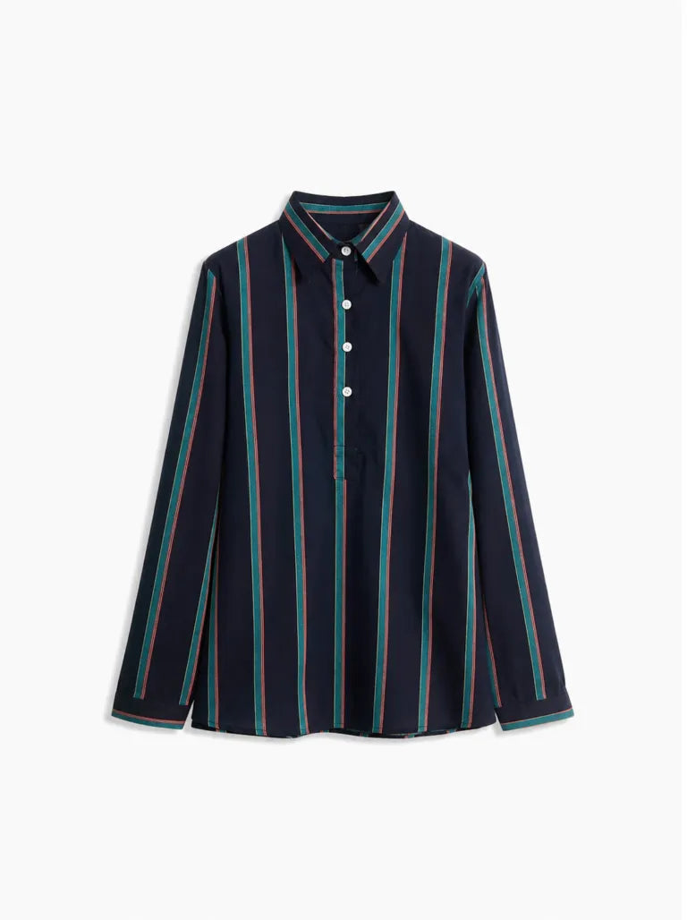 Navy Blue Stripe Button Shirt For Women