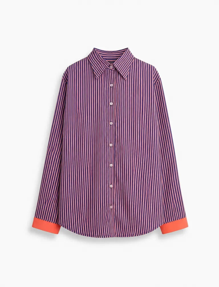Pink Blue Stripe Button Down Shirt For Women
