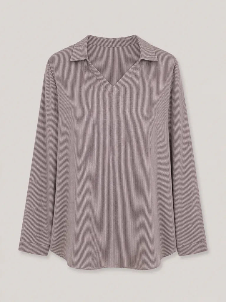 Steel Blue Stripe Collar V Neck Long Sleeve For Top