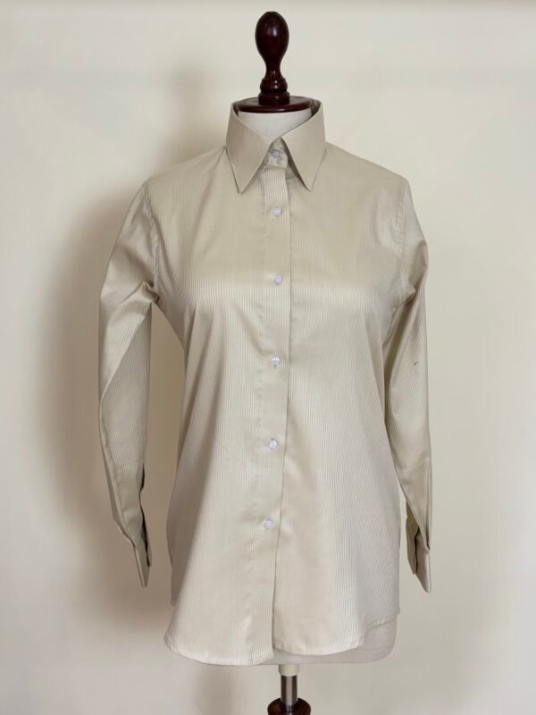 beige textured stripe button down shirt for women