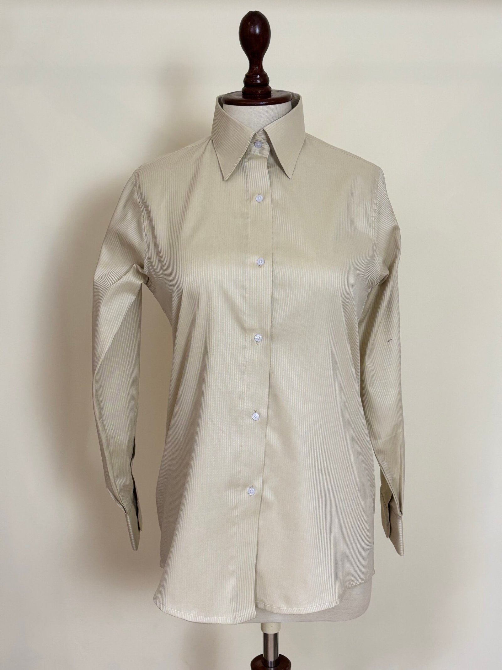 Beige Textured Stripe Button-Down Shirt For Women