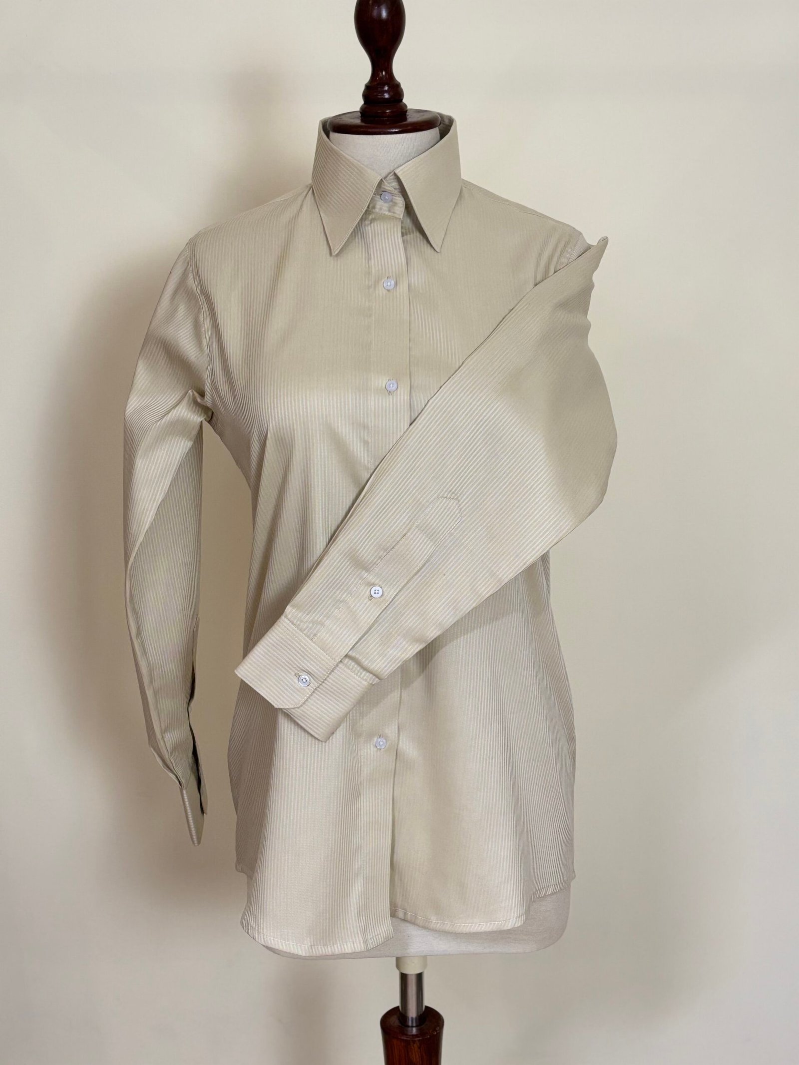 Beige Textured Stripe Button-Down Shirt For Women