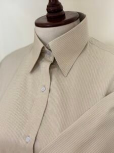 Beige Textured Stripe Button-Down Shirt For Women 3