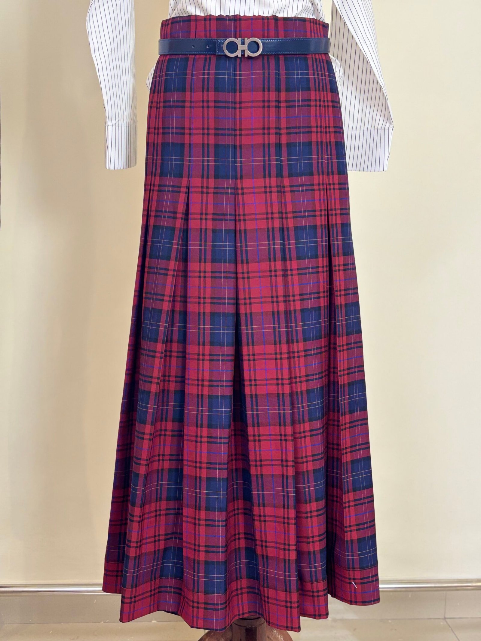 Red & Navy Plaid Pleated Maxi Skirt for Women
