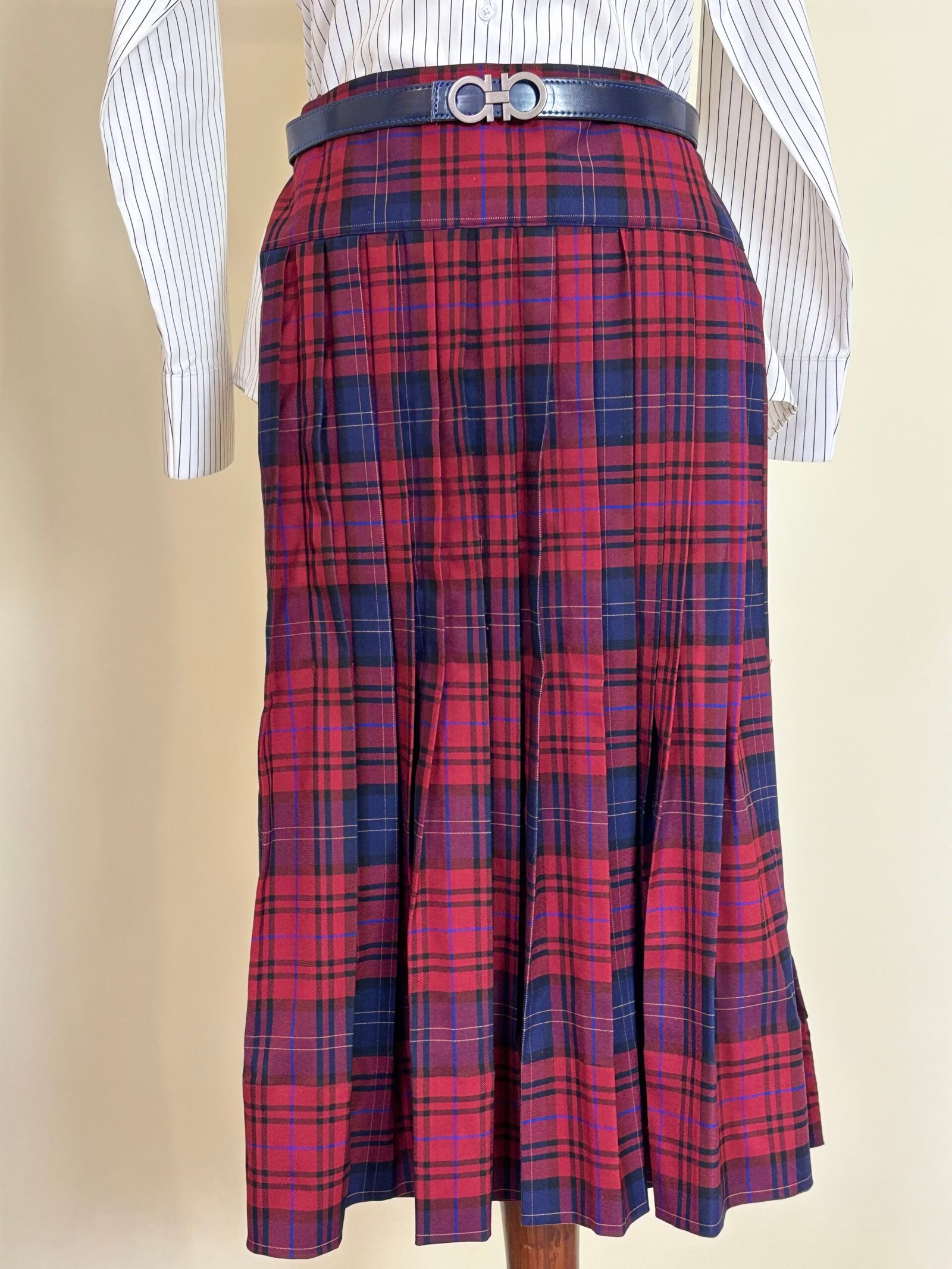 Red & Navy Plaid Pleated Maxi Skirt for Women
