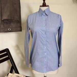 women’s blue gingham button down shirt