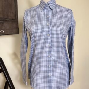 women’s blue gingham button down shirt