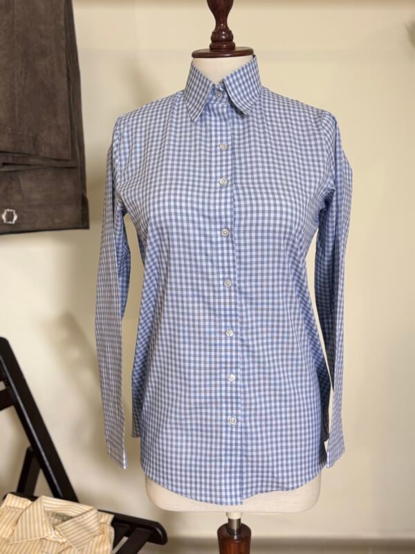women’s blue gingham button down shirt
